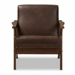 Cheapest 🔔 Bianca Mid Century Modern Walnut Wood Distressed Faux Leather Lounge Chair Dark Brown - Baxton Studio 🥰