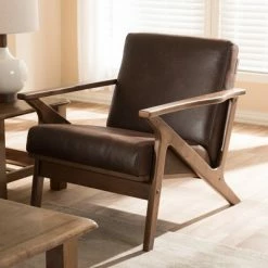 Cheapest 🔔 Bianca Mid Century Modern Walnut Wood Distressed Faux Leather Lounge Chair Dark Brown - Baxton Studio 🥰 -Living Room Chairs Sales unnamed file 1027