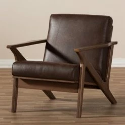 Cheapest 🔔 Bianca Mid Century Modern Walnut Wood Distressed Faux Leather Lounge Chair Dark Brown - Baxton Studio 🥰 -Living Room Chairs Sales unnamed file 1028
