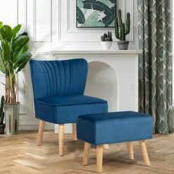 Promo ๐ฏ Costway Leisure Chair and Ottoman Thick Padded Velvet Tufted Sofa Set w/ Wood Legs PinkBlue Green ๐