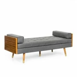 Cheapest 🎉 Keairns Mid Century Modern Tufted Double End Chaise Lounge with Bolster Pillows - Christopher Knight Home Gray/dark Walnut ⭐ -Living Room Chairs Sales unnamed file 10750