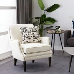 Deals 🤩 Contemporary Polyester and Wood Accent Chair - Olivia & May Beige 😀