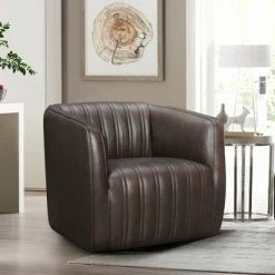 Deals 🔥 Aries Genuine Leather Swivel Barrel Chair - Armen Living 👍 -Living Room Chairs Sales unnamed file 11525