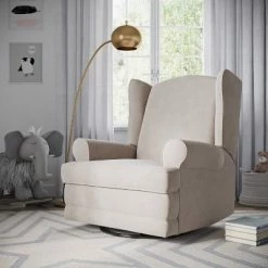 Best deal 🥰 Storkcraft Serenity Wingback Upholstered Reclining Glider with USB Charging Port Ivory ⌛