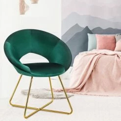 Flash Sale 👍 Costway Modern Velvet Accent Chair Upholstered Vanity Chair w/Golden Metal Leg PinkDark GreenGrey 🌟