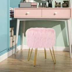 Discount ⭐ Costway Faux Fur Vanity Chair Makeup Stool Furry Padded Seat Round Ottoman Pink/White 👏 -Living Room Chairs Sales unnamed file 12116