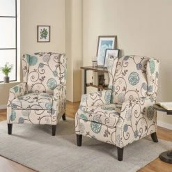 Coupon 😍 Set of 2 Wescott Contemporary Fabric Recliners Light Beige with Blue Floral/Dark Brown - Christopher Knight Home 🎉