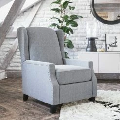 Promo 😍 Emma and Oliver Fabric Upholstered Easy Push Back Recliner - Classic Wingback Design with Nailhead Accent Trim and Footrest ✔️
