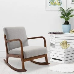 Discount 🥰 HomCom Linen Fabric Rocking Chair with Curved Wood Base 🛒