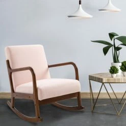 Discount 🥰 HomCom Linen Fabric Rocking Chair with Curved Wood Base 🛒 -Living Room Chairs Sales unnamed file 14142