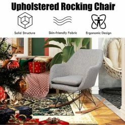 Cheapest 🎁 Costway Rocking Chair Fabric Rocker Upholstered Single Sofa Chair Accent Armchair Grey 🔔 -Living Room Chairs Sales unnamed file 14146