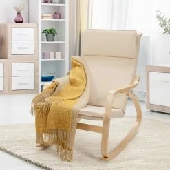 Promo 👏 Costway Modern Bentwood Rocking Chair Fabric Upholstered Relax Rocker Lounge Chair GrayBeige 🤩