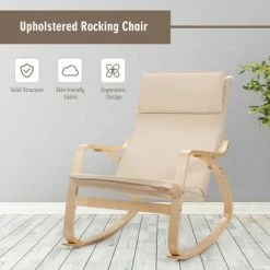 Promo 👏 Costway Modern Bentwood Rocking Chair Fabric Upholstered Relax Rocker Lounge Chair GrayBeige 🤩 -Living Room Chairs Sales unnamed file 14167