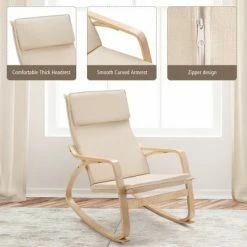 Promo 👏 Costway Modern Bentwood Rocking Chair Fabric Upholstered Relax Rocker Lounge Chair GrayBeige 🤩 -Living Room Chairs Sales unnamed file 14170