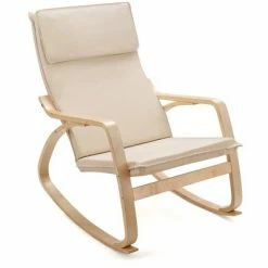 Promo 👏 Costway Modern Bentwood Rocking Chair Fabric Upholstered Relax Rocker Lounge Chair GrayBeige 🤩 -Living Room Chairs Sales unnamed file 14173