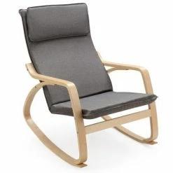 Promo 👏 Costway Modern Bentwood Rocking Chair Fabric Upholstered Relax Rocker Lounge Chair GrayBeige 🤩 -Living Room Chairs Sales unnamed file 14174