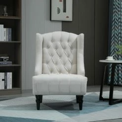 Buy 🎉 HomCom Linen Fabric Button Tufted Tall Wingback Accent Chair with Wooden Legs 🌟 -Living Room Chairs Sales unnamed file 14852
