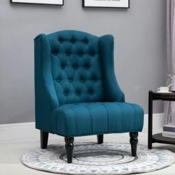 Buy 🎉 HomCom Linen Fabric Button Tufted Tall Wingback Accent Chair with Wooden Legs 🌟 -Living Room Chairs Sales unnamed file 14853