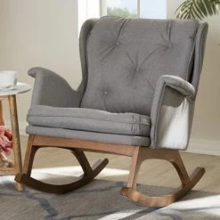 Best deal 👏 Maggie Mid Century Modern Fabric Upholstered Walnut Finished Rocking Chair Gray, Brown - Baxton Studio 🥰 -Living Room Chairs Sales unnamed file 1657