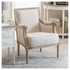 Outlet 🥰 Chavanon Wood & Linen Traditional French Accent Chair Light Beige - Baxton Studio ❤️ -Living Room Chairs Sales unnamed file 2482