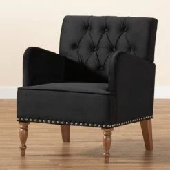 Hot Sale 😀 Eri Velvet and Wood Armchair - Baxton Studio Black/walnut Brown 😍 -Living Room Chairs Sales unnamed file 2495