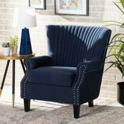 Best reviews of 😉 Wilhelm Velvet Wood Armchair Blue/Dark Brown - Baxton Studio ⭐ -Living Room Chairs Sales unnamed file 2513