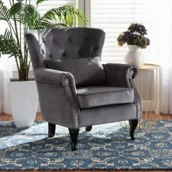 Hot Sale 👍 Fletcher Velvet and Wood Armchair Gray/Dark Brown - Baxton Studio 👏 -Living Room Chairs Sales unnamed file 2546