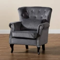 Hot Sale 👍 Fletcher Velvet and Wood Armchair Gray/Dark Brown - Baxton Studio 👏 -Living Room Chairs Sales unnamed file 2547