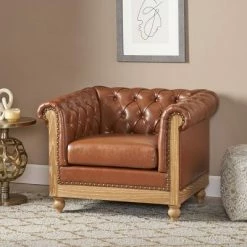 Budget 🎁 Castalia Chesterfield Tufted Club Chair with Nailhead Trim Midnight - Christopher Knight Home Cognac Brown/natural 🔔