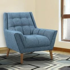 Brand new ๐ฅ Cobra Mid-Century Modern Chair in Blue Linen and Walnut Legs - Armen Living ๐