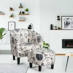 Discount 👏 Costway Modern Accent Tub Chair&Ottoman Set Fabric Upholstered Club Chair Grey Floral ✔️ -Living Room Chairs Sales unnamed file 5473
