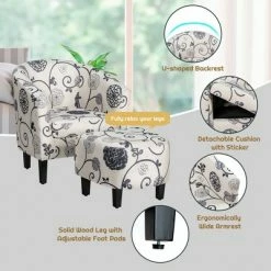 Discount 👏 Costway Modern Accent Tub Chair&Ottoman Set Fabric Upholstered Club Chair Grey Floral ✔️ -Living Room Chairs Sales unnamed file 5479