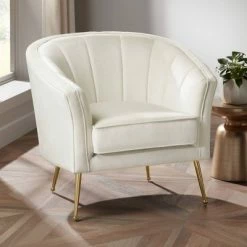 Deals 👍 55 Downing Street Leighton White Velvet and Gold Tufted Accent Chair ✨
