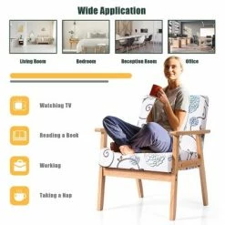 Cheap 🧨 Costway Modern Accent Armchair Fabric Lounge Chair w/Rubber Wood Leg White&Blue Floral ⭐ -Living Room Chairs Sales unnamed file 5908