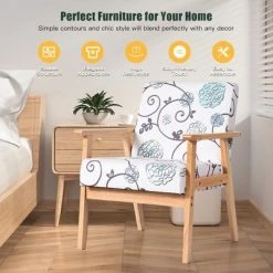 Cheap 🧨 Costway Modern Accent Armchair Fabric Lounge Chair w/Rubber Wood Leg White&Blue Floral ⭐ -Living Room Chairs Sales unnamed file 5910