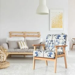 Buy 🤩 Costway Modern Accent Armchair Upholstered Lounge Chair w/Rubber Wood Leg Yellow Blue Floral 🔔