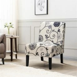 Coupon 😉 Costway Armless Accent Fabric Leisure Chair w/Rubber Wood Legs GrayBeige Print ✔️