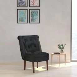 Best Sale 😀 Merrick Lane Accent Side Chair with Curved Back and Rounded Seat Black Fabric Button Tufted Chair with Mahogany Finished Wood Legs 💯