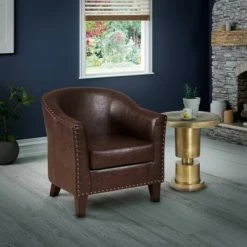 Best deal ✔️ Faux Leather Barrel Accent Chair Brown - HomeFare 🥰