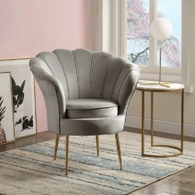Buy ๐ Simple Relax Velvet Scalloped Back Barrel Accent Chair with Metal Legs in Gray ๐ 3 Buy ๐ Simple Relax Velvet Scalloped Back Barrel Accent Chair with Metal Legs in Gray ๐