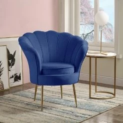 Brand new 🥰 Simple Relax Velvet Scalloped Back Barrel Accent Chair with Metal Legs in Blue 🔔