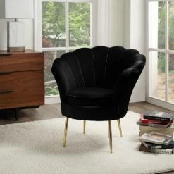 Deals 👏 Simple Relax Velvet Scalloped Back Barrel Accent Chair with Metal Legs in Black 😀