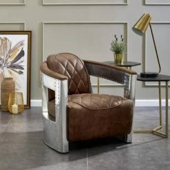 Outlet 🔥 Riveted Leather Aviation Armchair Barrel Brown - HomeFare 🛒